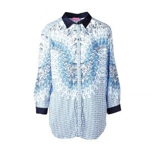 Basler Blue White Paisley Floral Button Down Blouse XL Lightweight Top